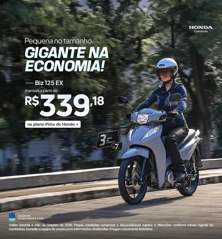 Banner Biz 125 EX cor cinza no plano Vou de Honda + do Consórcio Honda com documentação inclusa