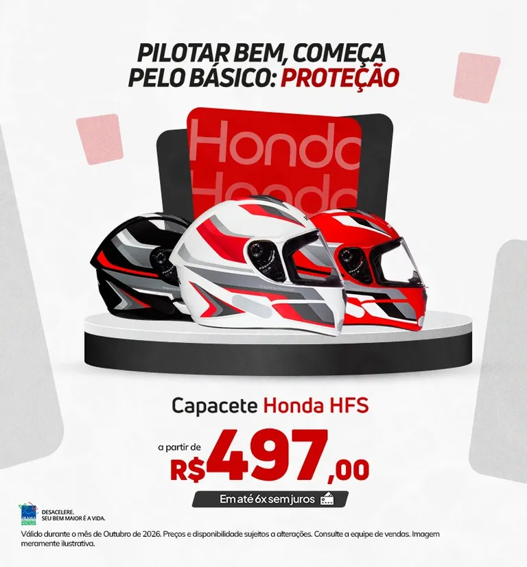 Banner Capacete da Linha Honda HSF nas cores vermelho preto e branco a partir de R$ 497 ou em até 6x sem juros no cartão 